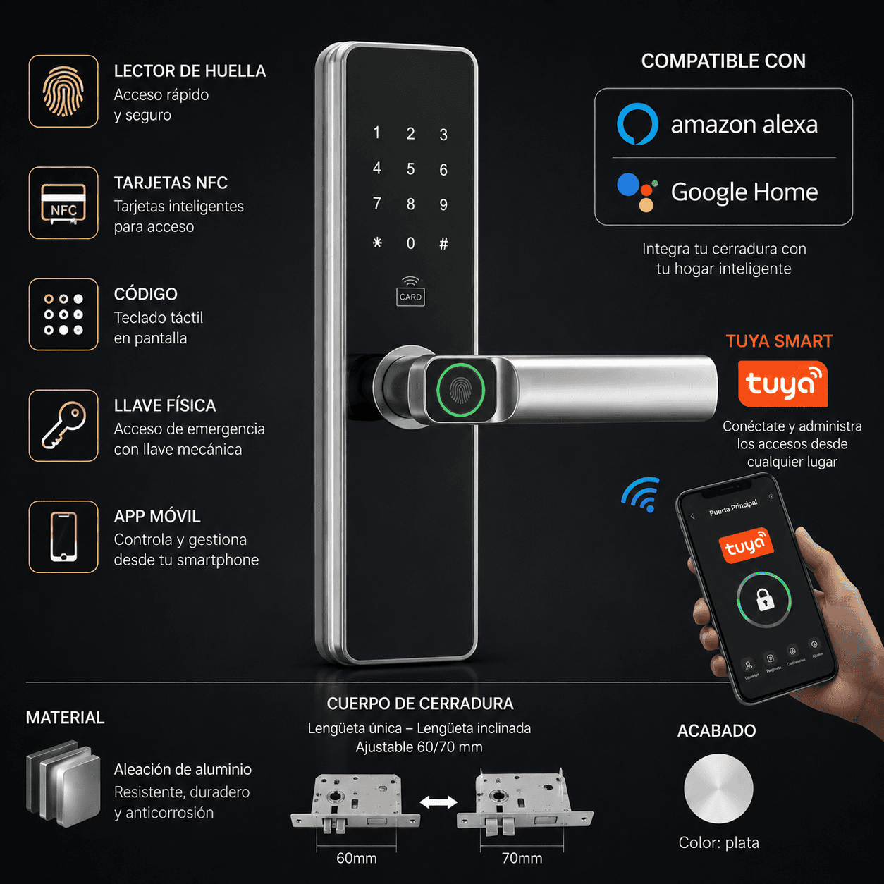 Cerradura Inteligente con Huella Digital, Tarjeta NFC, Código y Control por App