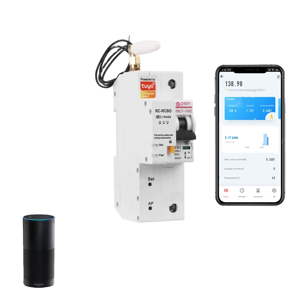 Interruptor de Circuito Monofásico 1P con Monitoreo de Energía 100A WiFi Tuya, Compatible con Amazon Alexa y Google Home